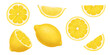 Lemons. Vector realistic illustration isolated on white. Whole, half and slices of a ripe lemon. Citrus juicy set of cut pieces of sour fresh fruits with bright yellow peel.