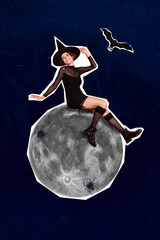 Wall Mural - Vertical collage image of pretty gorgeous witch girl sitting full moon flying bat spiders isolated on painted background