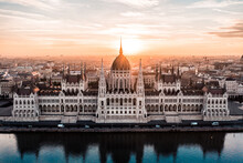 Aerial Drone Photo - Sunrise Over The Hungarian Parliament Building.  Budapest.