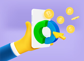Poster - Businessman holding modern smartphone and mining bitcoins. 3d vector illustration