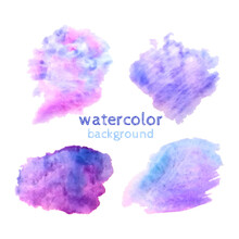 Modern Watercolor Collection On Light Backdrop.  Grunge Abstract Art Background. Violet, Purple, Turquoise, Blue, Lilac Colors. Isolated Object. Vector Illustration