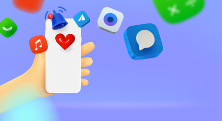 Poster - Man with smartphone. Mobile application icons flowing out the mobile phone. vector banner with copy space