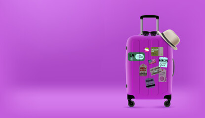 Poster - Travel concept with purple travel bag. Enjoy summer travel. 3d vector banner with copy space