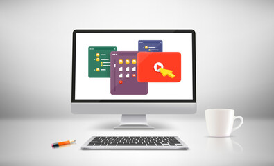 Poster - White room with modern computer and windows on the screen. 3d vector illustration