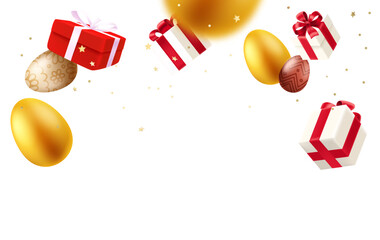 Aufkleber - Gift boxes, confetti and eggs falling down. Levitation effect. Happy Easter card. 3d vector illustration 