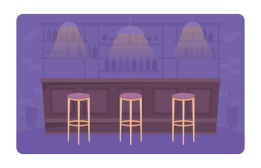 Poster - Bar arrangement 2D vector isolated illustration. Serving alcoholic beverages. Pub flat interior on cartoon background. Nightclub colourful editable scene for mobile, website, presentation