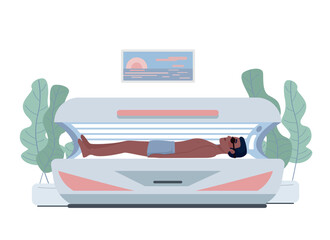 Poster - Indoor tanning 2D vector isolated illustration. Beauty procedure flat character on cartoon background. Cosmetic tan device colourful editable scene for mobile, website, presentation