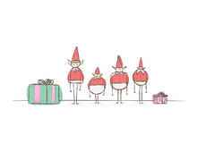 Christmas Elves Santa Claus With Gifts Isolated Banner Postal Cartoon Xmas Minimal Simple Cartoon Funny Red Pastel Tones