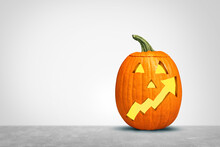 Halloween Season Inflation Concept As Autumn Pumpkin Symbol With An Upward Leaning Financial Chart Arrow Representing Rising Fall Seasonal Prices And The Rising Costs As A Funny Jack O Lantern