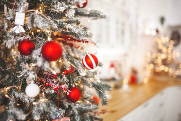 Wall Mural - Christmas background. Xmas interior. Home celebration. Christmas design of interior. Closeup christmas balls.