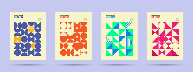 Wall Mural - Abstract Bauhaus geometric pattern background, vector circle, triangle and square lines art design. Vintage color Bauhaus Swiss pattern background, posters set, abstract cover backgrounds.