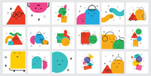 Vector Illustration Of Geometric Character Shapes With Face Emotions, Cute Colorful Shape For Children Education.