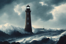 A Lighthouse Lashed By Waves During A Storm.