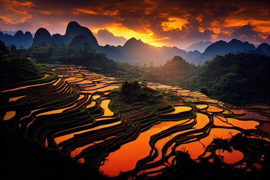 ai generated or 3d illustrated image of rice fields on terraces of mu cang chai, yenbai, vietnam. vi