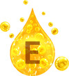 Drop with golden liquid and bubbles. Vitamin E. 