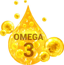 Drop with golden liquid and bubbles. OMEGA 3. 