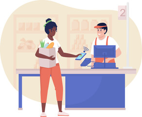 Poster - buying groceries in store 2d raster isolated illustration. woman paying with smartphone at checkout 