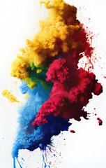 Poster - red, yellow, orange, green, blue paint splashes and colored clouds on white background. abstract bac