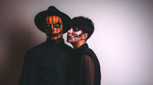 Couple In Love. Halloween Concept. Carnival. Witch. Autumn. Fall. Halloween. Photo. Vampire. 