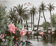 Wallpaper Jungle Tropical Forest Palm Tree Birds Flamengo Wild Rivers Ancient Water Vintage Painting Landscape