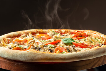 Wall Mural - Hot big pizza tasty pizza composition with steam smoke, place for text