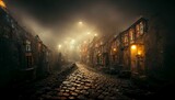 Fototapeta Uliczki - dark and moody narrow foggy street of cobblestone in a whimsical town.