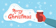 © Alrika  - Merry Christmas greeting card. Hand in mitten holding paper cup of hot drink on blue background with snowflakes. Flat vector illustration