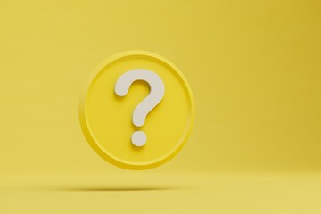a round yellow icon with a white question mark on a yellow background. 3D render