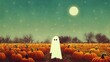 Illustration of a white ghost in a pumpkin patch at night