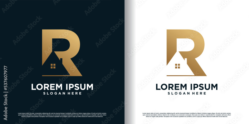 Initial letter r logo design template with house icon and creative ...