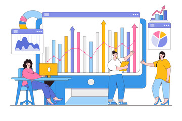 Poster - flat business team monitoring and analyst web report dashboard concept. outline design style minimal