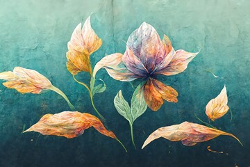 Poster - A white sheet of paper shows flowers with pink petals, golden buds, and green leaves. The trunks of the plants and the veins of the leaves are gold. The leaves are oblong in shape.