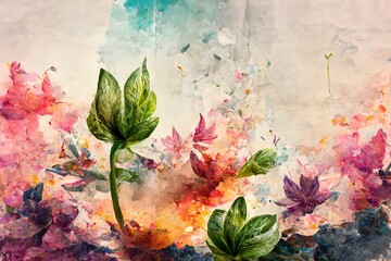 Poster - Elegant bright flowers and branches on a light background. Vintage floral decor for a postcard. Fantasy plant 3d illustration