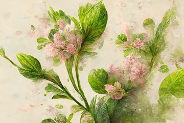 Sticker - Elegant gently pink flowers and branches on a light background. Vintage floral decor for a postcard. Fantasy plant 3d illustration