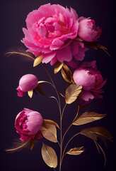 Wall Mural - Rococo style bouquet of pink peonies with golden leaves and bird feathers on a dark background. 3D illustration