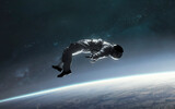 Fototapeta Do pokoju - 3D illustration of astronaut falling to earth planet. 5K realistic science fiction art. Elements of image provided by Nasa