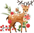 © Nadi - Watercolor, Christmas star, poinsettia, needles, cute cartoon deer, red berries, snowflakes, cones, glass toys, Christmas mood