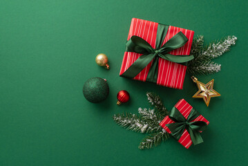 christmas eve concept. top view photo of red gift boxes with green ribbon bows baubles gold star orn
