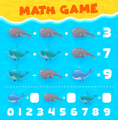 Poster - Math game worksheet. Cartoon whale and sperm whale characters. Kids education puzzle, child mathematical playing activity or addition game vector worksheet with marine animals, whales cute personages