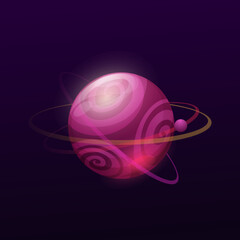 Poster - Violet space planet with circles and rings. Galaxy fantastic planet, alien home world with gas rings and moon or satellite on orbit. Space game UI element, exoplanet icon with spirals on surface