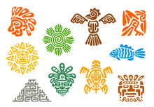 Mayan Aztec Totems, Mexican Tribal Vector Symbols Of Sacred Animals And Birds. Maya Or Mexico Inca Tribe Totem Signs Of Sun, Fish, Turtle Or Pyramid And Deity Mask, Ethnic Aztec Tribal Symbols