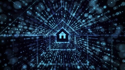 Poster - IOT and smart house concept on digital background. Dynamic and glowing intelligent home shape hologram 3D animation.

