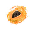 Papaya fruit with juice splash. Ripe tasty half slice with black seeds and orange colored liquid swirl. Realistic 3d vector fresh tropical drink whirl with droplets. isolated summer beverage splash