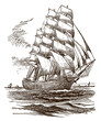 Antique clipper sailing on wavy sea