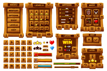 Poster - Wooden button, cartoon vector interface UI or game GUI elements. Wood texture controls and user board sign, game app play asset, navigation or menu options arrows and GUI interface buttons