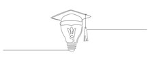 One Continuous Line Drawing Of Light Bulb With Graduation Hat. Lightbulb Lamp Symbol Of Smart And Innovation Education And Study In Simple Linear Style. Success Knowledge Concept. Vector Illustration