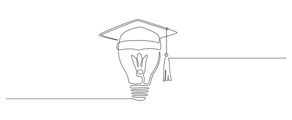 Aufkleber - One continuous line drawing of Light Bulb with Graduation Hat. Lightbulb lamp symbol of smart and innovation education and study in simple linear style. Success knowledge concept. Vector illustration
