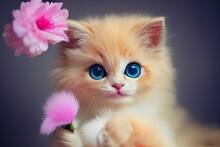Cartoon Fluffy Baby Kitten With Big Eyes And A Pink Flower