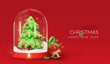 Merry Christmas And Happy New Year. Christmas Winter Snow Glass Ball, Transparent Dome. Realistic 3d Design Xmas Green Tree In Snow, Gift Box, Wood Horse, Decoration Light Garland. Vector Illustration