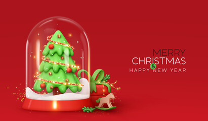 Wall Mural - Merry Christmas and Happy New Year. Christmas winter snow glass ball, transparent dome. Realistic 3d design Xmas green tree in snow, gift box, wood horse, decoration light garland. Vector illustration